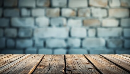 Empty countertop made of rustic boards on a blurred stone wall background