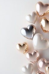 Poster - A cluster of 3D metallic hearts in gold, silver, and rose gold floats gently, casting soft glows. The smooth neutral background creates a luxurious and modern aesthetic perfect for text overlay