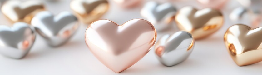 Poster - A mesmerizing display of 3D metallic hearts in gold, silver, and rose gold tones is elegantly arranged in a floating cluster. Soft glowing light beams enhance the luxurious and modern appeal