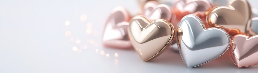 Poster - A cluster of metallic hearts in gold, silver, and rose gold tones gently floats against a smooth neutral backdrop