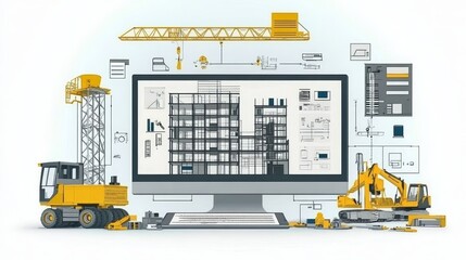 Digital Construction Project Visualization Computer Screen with 3D Models of Construction Equipment and Building Plans