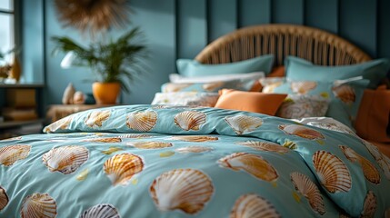 Beautifully Designed Elegant Bedding Set with Vivid Seashell Pattern on Soft Pastel Fabric Background Perfect for Summer Coastal Aesthetics