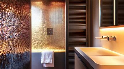 Wall Mural - A bathroom with a glowing mosaic wall and radiant towel warmers