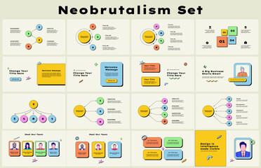 Fototapete - Collection of infographic presentation slides with team slides, flowchart and other diagrams. Business data analytics y2k trendy design.