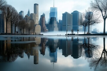 Poster - Skyscrapers with reflective surfaces capturing the city. 