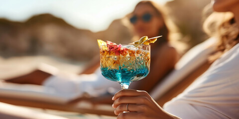 Wall Mural - Woman enjoys colorful cocktail while relaxing at beachside lounge. Woman relaxes with a vibrant cocktail on a beach lounge chair.