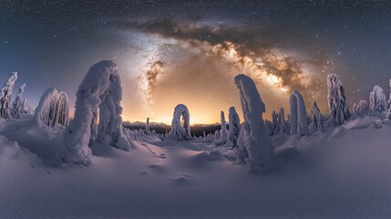Wall Mural - Milky Way arch over snow-covered trees at sunset.