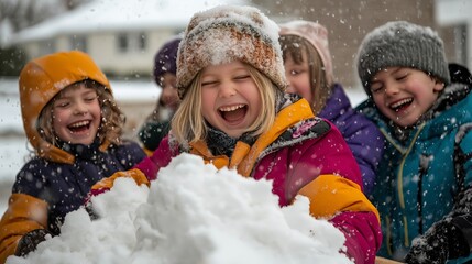 A cheerful group of children playing and shoveling snow, their laughter filling the frosty air on a bright winter day