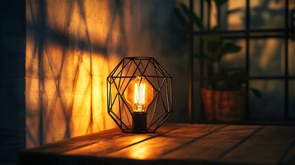 Canvas Print - Illuminated geometric lamp on wooden table casting warm light.