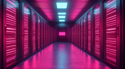 Poster - vibrant data center corridor with pink and blue lighting, showcasing server racks