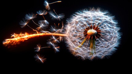 Fiery dandelion seedhead dispersal, dark background, concept art