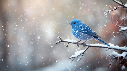 Aufkleber - Bluebird perched on a snowy branch in a serene winter scene with falling snow
