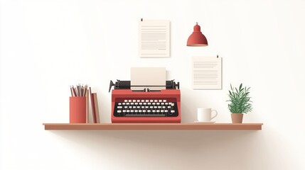 Poster - Red typewriter on a shelf with papers, pencils, plant, and coffee cup.