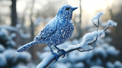 Aufkleber - Intricate blue patterned bird perched on a snowy branch in a serene winter forest