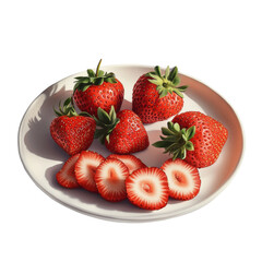 Poster - A white plate holds whole and sliced strawberries;  the arrangement suggests a still life composition of fresh fruit.