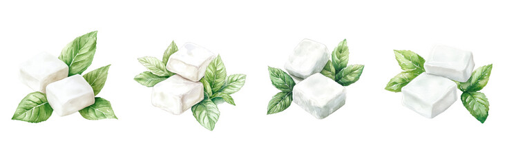 Poster - A watercolor painting showcases four sets of white sugar cubes adorned with fresh green mint leaves.