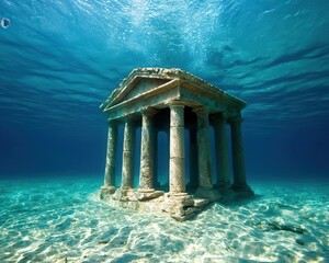 Underwater exploration of ancient temple ruins ocean depths photography serene environment clear viewpoint historical concept