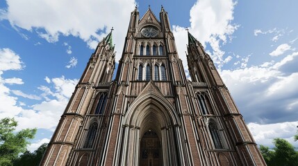 Gothic Cathedral Exterior, Sunny Day, Trees, Clouds, Tourism