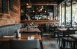 © thiquynh - the interior design of an urban, modern restaurant with a dark gray and light wood color scheme, rustic brick walls, gray fabric seating, wooden tables and chairs