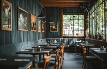 the interior design of an urban, modern restaurant with a dark gray and light wood color scheme, rustic brick walls, gray fabric seating, wooden tables and chairs