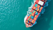 © Mobasser - Vibrant aerial view of a colorful container ship cruising through pristine blue waters, showcasing global shipping logistics with ample copy space for design or branding.