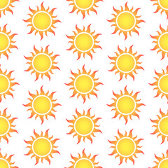 Wall Mural - Gradient stylized yellow orange sun icons on white background. Vector seamless pattern.