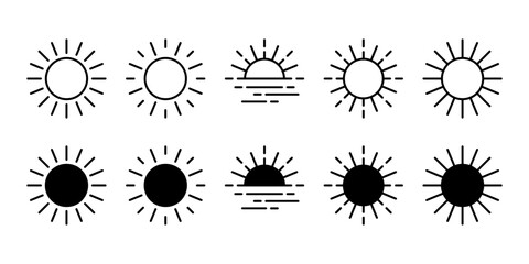 Wall Mural - sun icons collection. set of black vector line elements on white background.
