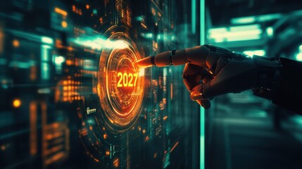 Poster - Glowing '2027' button surrounded by radiant tech visuals as a robotic hand reaches towards it.