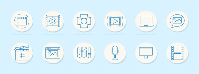  Cinema set icon. Spotlight, clapperboard, play button, monitor, image, sliders, microphone, screen, film strip. Represent video editing, lighting, and sound design in filmmaking