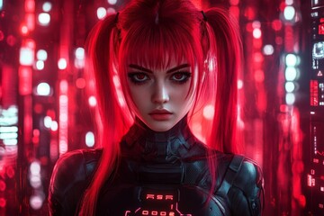 Aufkleber - Futuristic character with vibrant red hair in cybernetic environment at twilight