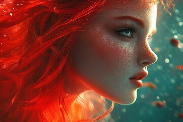 Poster - Fascinating underwater portrait of a young woman with flowing red hair surrounded by colorful fish