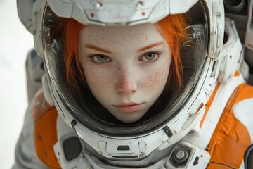 Poster - Young astronaut with orange hair in futuristic space suit explores a new planet in a dramatic landscape