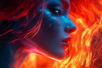 Poster - Vibrant profile of a character with fiery hair and glowing skin illuminated by colorful light against a dark background