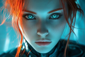 Poster - Intense close-up of a character with striking features and vibrant red hair in a futuristic setting