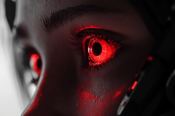 Poster - Futuristic close-up of a person with glowing red eyes under dramatic lighting