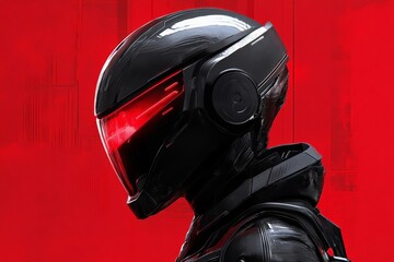 Aufkleber - Futuristic helmeted figure stands ready against a bold red backdrop in a striking science fiction setting