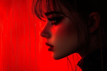 Poster - Portrait of a woman with striking features illuminated by red lighting against a textured backdrop