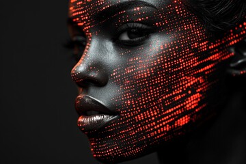 Poster - Striking close-up of a woman's face with intricate red patterns against a dark background