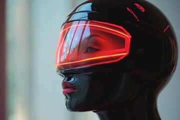 Poster - Futuristic mannequin with illuminated visor on display in a modern storefront showcasing creative fashion design