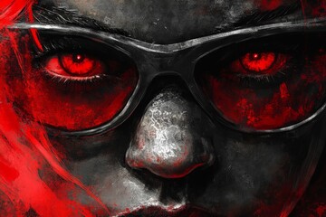 Aufkleber - Portrait of a character with striking red eyes and vibrant hair wearing stylish glasses against an artistic dark backdrop