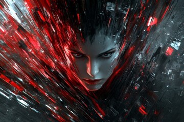 Aufkleber - Exquisite digital art showcasing a woman's face emerging from a dynamic, abstract background of vibrant red and dark hues