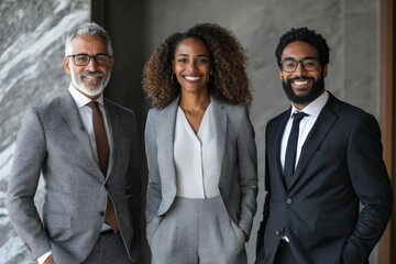 Poster - Business professionals pose together in modern office setting during a team meeting preparation
