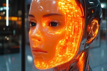 Fototapete - Futuristic robotic face illuminated with glowing orange lights in a modern urban environment