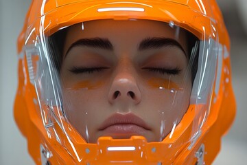 Poster - Close-up of a woman in an orange helmet preparing for a space mission in a futuristic environment