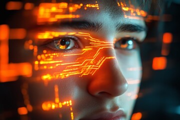 Poster - Close-up of a young person's face illuminated by digital circuitry patterns showcasing futuristic technology
