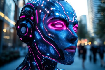 Aufkleber - Futuristic robot with vibrant neon patterns stands in a bustling cityscape during twilight hours