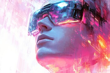 Aufkleber - Futuristic person wearing reflective glasses in a vibrant digital landscape with bright colors and abstract patterns