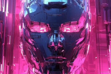 Poster - Close-up view of a futuristic robotic face with vibrant colors and high-tech details