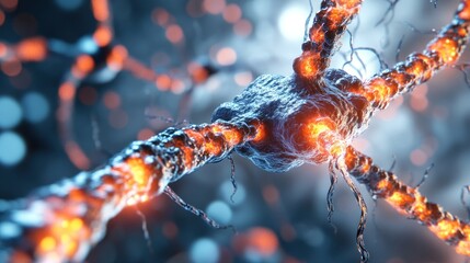 Poster - Microscopic Visualization of a Neuron's Intricate Network: A 3D Render Depicting Neural Connections, Synapses, and Signals