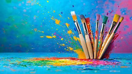Poster - A vibrant splash of paint with paintbrushes standing upright, showcasing creativity and color against a bright, textured background